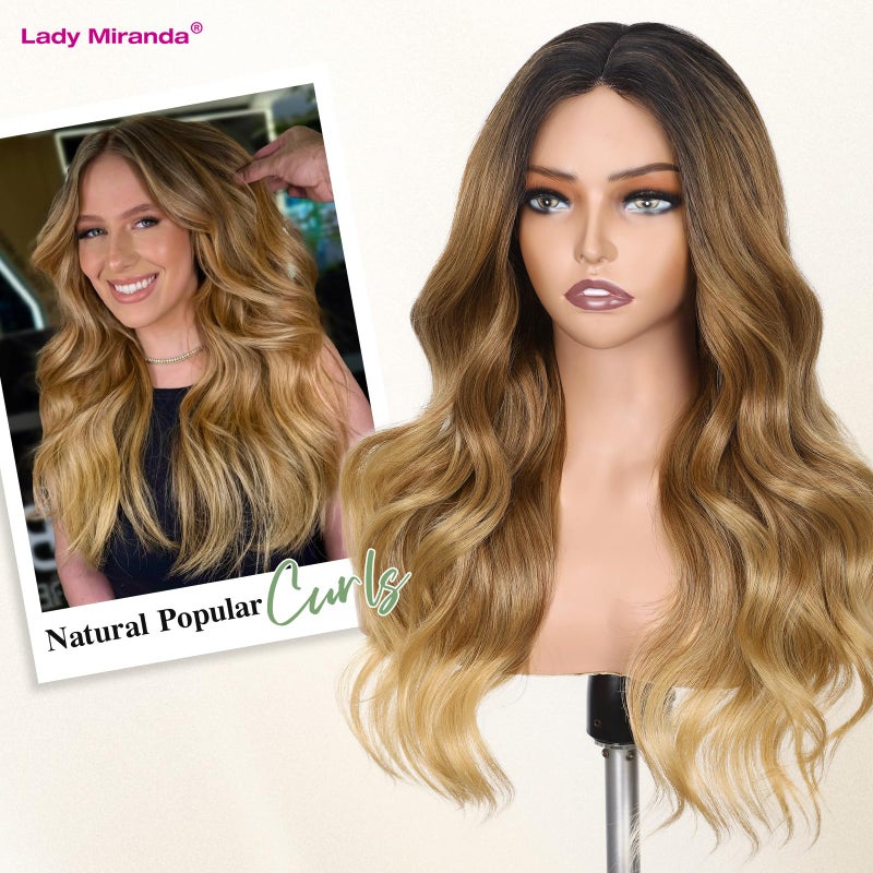 Lady Miranda Ombre Blonde Wavy Wig Middle Part Curly Wavy Wigs for Women Natural Looking Long Blonde Highlights Wigs Synthetic Wig Ombre Brown Natural Wavy Hair (1-Ombre Blonde Highlight 22) - Image 3